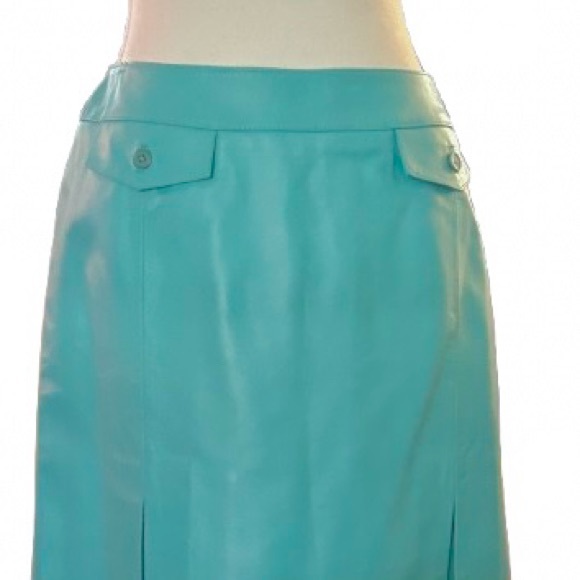 Vintage Leather Skirt Aqua Blue Lamb Turquoise 90s Designer Large XL 14 JDS - Picture 3 of 13